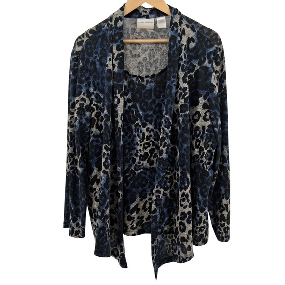 Alfred Dunner Woman Blue Leopard Animal Print Open Front Cardigan Sweater Sz 2X - Picture 1 of 10